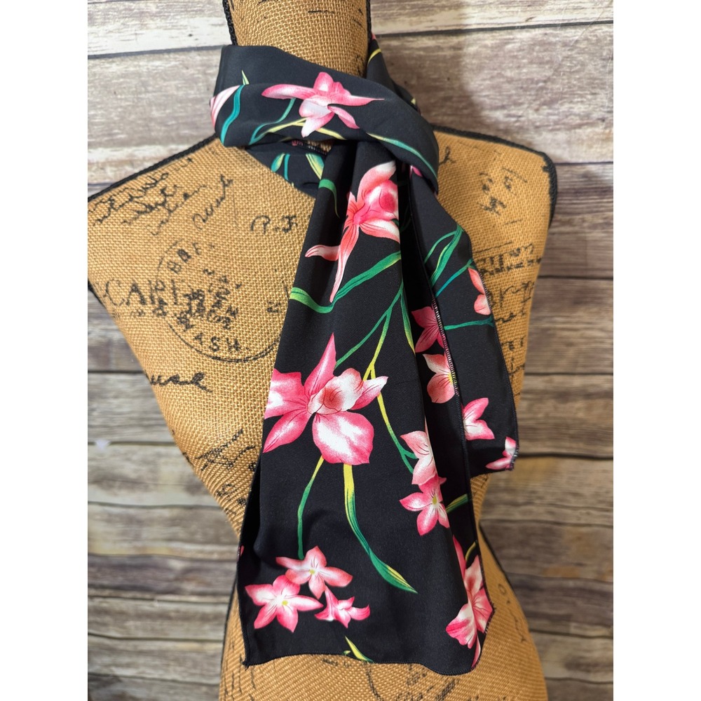 Black Pink Floral Lily Orchid Skinny Rectangular Scarf Lightweight Tropical